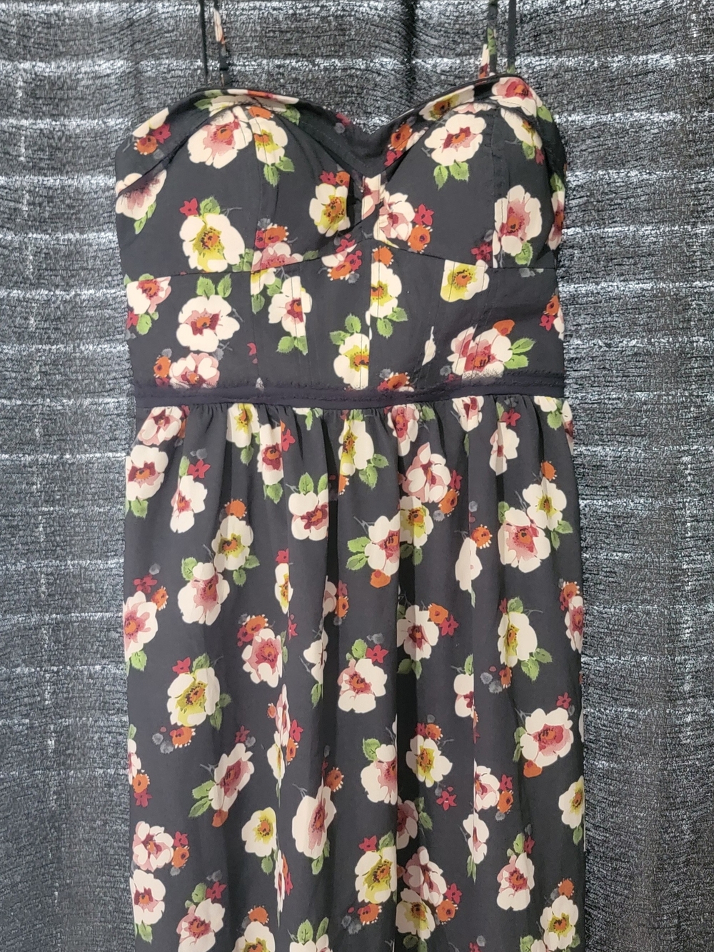 American Eagle Outfitters Black Floral Strapless Dress with Pink & Cream Accents